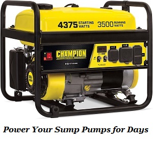Champion 3500 Watt Portable Generator to run your sump pumps during a power outage.