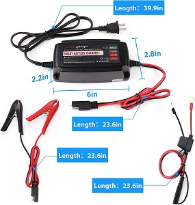12v battery trickle charger for use on portable generator battery. Different trickle charger connection cables to use with 12v battery on generator, old car, motorcycle battery, lawnmower battery, kids electric toys, golf cart, etc. This 5A battery trickle charger has a complete 4-stage charging process for your batteries.  